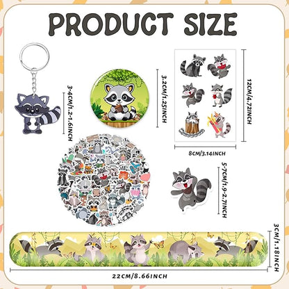 98 PCS Raccoon Party Favors, Raccoon Temporary Tattoos Slap Bracelets Keychains Stickers Badges for Woodland Raccoon Birthday Party Decorations Supplies Gifts for Kids Boys Girls Classroom Rewards
