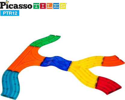 PicassoTiles 12 Piece Race Track Add-On Magnetic Building Block Set Magnet Tiles Construction Toy STEM Learning Kit Early Education Kids Toys Playset Pretend Play Blocks Child Brain Development PTR12