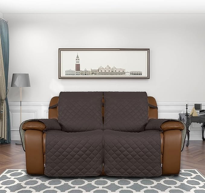Easy-Going Oversized Loveseat Recliner Cover, Reversible Couch Cover for Double Recliner, Split Sofa Cover for Each Seat with Elastic Straps for Dogs, Pets(Oversized 2 Seater, Chocolate/Beige)
