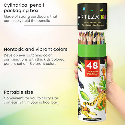 ARTEZA 48 Colored Pencils for Kids, Vibrant Colors, Triangular, Pre-Sharpened Kids Coloring Pencils for Drawing