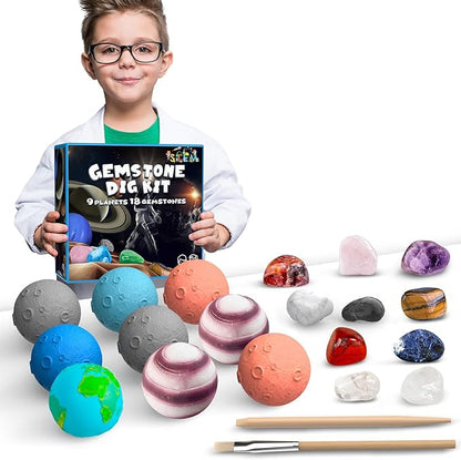 Science Dig Kit, Solar System Space Toys Excavate 18 Real Gems from 9 Planets Easter Egg Toys for Kids 6-12, STEM Educational Science Kits, Archaelogy Geology Christmas Birthday Gift for Boys Girls