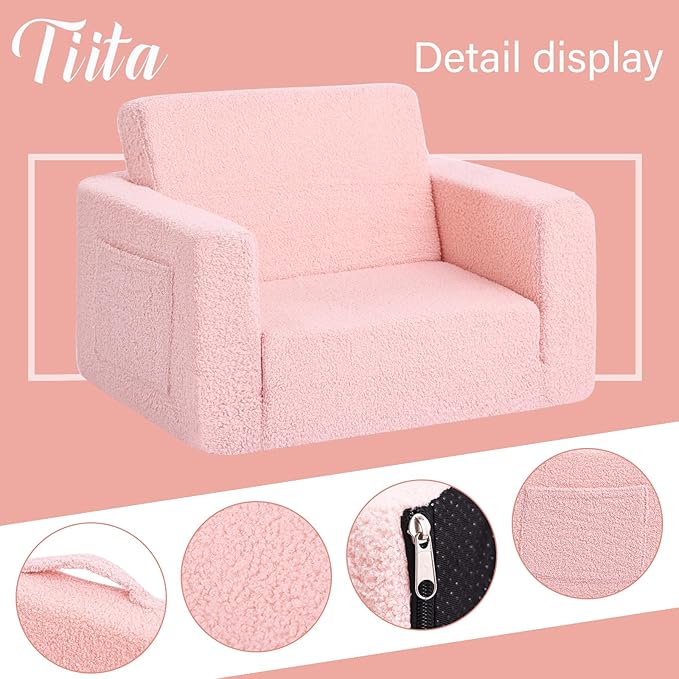 Tiita Kids Chair Couch, Folding Toddler Comfy Sofa Chairs, 2-in-1 Kids Plush Sofa Fold Out, Baby Armrest Chair Sofa to Lounger, Convertible Play Sofas to Bed for Girl or Boy, Pink