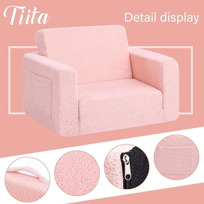 Tiita Kids Chair Couch, Folding Toddler Comfy Sofa Chairs, 2-in-1 Kids Plush Sofa Fold Out, Baby Armrest Chair Sofa to Lounger, Convertible Play Sofas to Bed for Girl or Boy, Pink