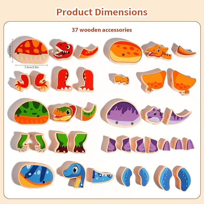 INIFEIDALA Wooden Magnetic Take Apart Dinosaur Building Blocks, Build Your Own Dinosaur Playset, STEM Montessori Educational Toy for Fine Motor Skills, Birthday Gift for 3-6 Year Old Boys Girls