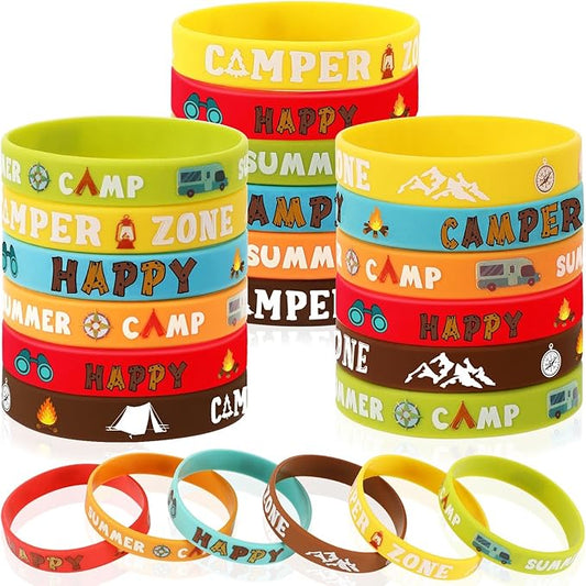 JUNEBRUSHS 42pcs Camping Party Favors Silicone Bracelets Summer Camping Theme Rubber Wristbands Accessories for Adults Camping Adventure Birthday Party Decorations Gift Supplies