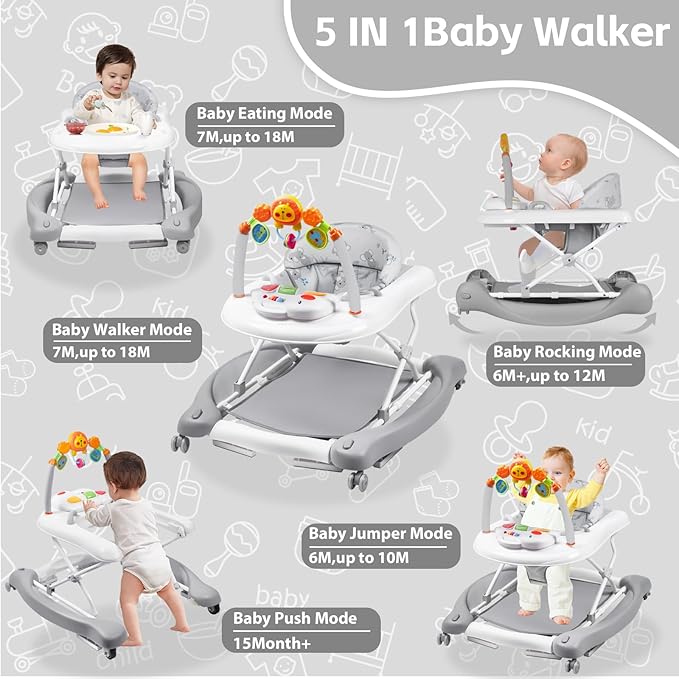 Baby Walker, 5 in 1 Baby Walkers for Boys Girls 6-12 Months, Foldable Walkers for Babies with Bouncer & Feeding Tray, Music, Adjustable Heights, Activity Walker for Infant