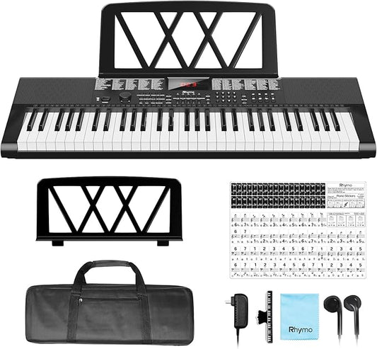Keyboard Piano 61 Keys, Electric Piano Keyboard Kit with 255 Voices, 255 Rhythms, Powered by Power Adapter or Battery with LCD Display, Includes Sheet Music Stand, Piano Note Stickers, Earbuds (BLACK)