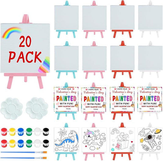 Valentines Day Gifts for Kids - Valentines Day Cards for Kids School - 20 Pack Watercolor Paint Set, Acrylic Paint Canvas Brushes Easel, Stationery Exchange for Boys Girls Class Classroom Party Favor
