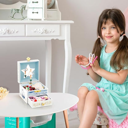 RR ROUND RICH DESIGN Kids Musical Jewelry Box with Drawer and Pretty Jewelry Set with Elegant Ballet Girl Theme - Swan Lake Tune White