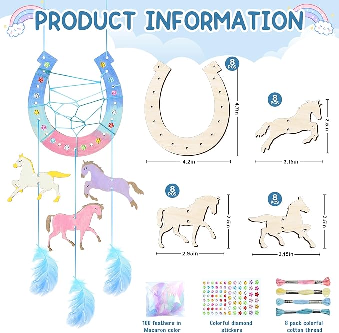 8 Pack Wooden Horse Craft for Kids,Unfinished Wooden Horse Wood for Painting Horse Dream Catcher Craft Wooden Arts Coloring Wood Horseshoe Ornaments for Art Activity Birthday Party Favors Decoration