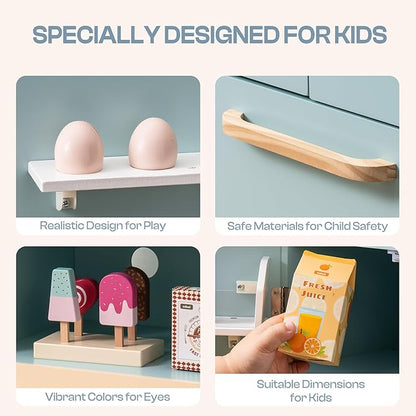 ROBUD Fridge Refrigerator with Ice Dispenser, Wooden Play Fridge Freezer Set for Kids, Toddler Kitchen Playset with Full Accessories Pretend Play Set, Gift for Boys & Girls, Age 3+