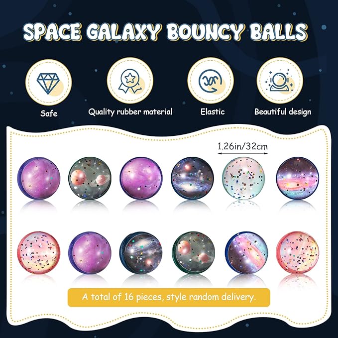 32 Pieces Space Bouncy Balls Slap Bracelets Set, Inclued 16 Space Slap Bracelets and 16 Rubber Space Theme Galaxy Bouncy Balls for Outer Space Birthday Party Favors Supplies Toys Bag Fillers
