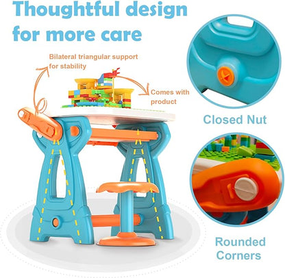 Kids Art Easel with Stool,2-in-1 Double-Sided Kids White Board Easel and Building Block Activity Table-Includes 88 Building Blocks, Art Easel for Kids 3-5, Toys for Toddlers, Boys and Girls