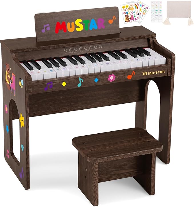 Kids Piano Keyboard, 37 Keys Wooden Digital Piano for Kids with Bench,Song Book, DIY Stickers, Cover, Education Creative Musical Instruments Toy for Boys & Grils Gifts
