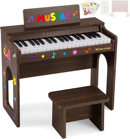 Kids Piano Keyboard, 37 Keys Wooden Digital Piano for Kids with Bench,Song Book, DIY Stickers, Cover, Education Creative Musical Instruments Toy for Boys & Grils Gifts