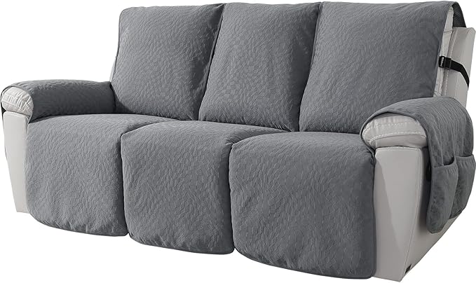SYSLOON Water Resistant Recliner Chair Covers 3 Piceces,Heavy Duty Non Slip Recliner Chair Cover, Washable Recliner Chair Cover,Living Room Recliner Cover with Pocket for Kids and Pets,Light Grey