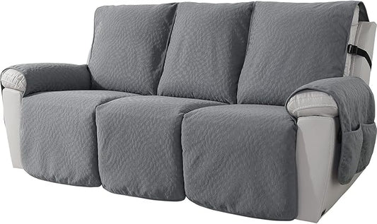 SYSLOON Water Resistant Recliner Chair Covers 3 Piceces,Heavy Duty Non Slip Recliner Chair Cover, Washable Recliner Chair Cover,Living Room Recliner Cover with Pocket for Kids and Pets,Light Grey