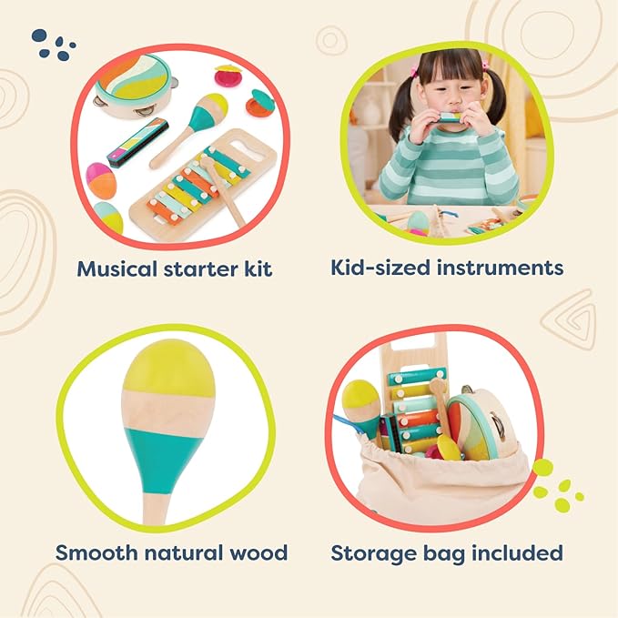 B. toys – Make a Melody – 9 Pieces Wooden Musical Instruments – Xylophone, Tambourine, Harmonica – Drawstring Storage Bag – 2+ Years