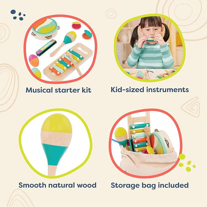B. toys – Make a Melody – 9 Pieces Wooden Musical Instruments – Xylophone, Tambourine, Harmonica – Drawstring Storage Bag – 2+ Years