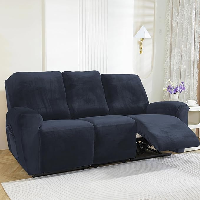 NORTHERN BROTHERS Stretchy Recliner Chair Covers, Velvet Recliner Covers, Lazy Boy Chair Cover (Dark Blue, 3 Seat)