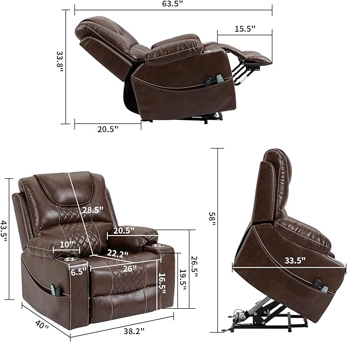 FANYE Electric Power Lift Recliner Chair for Elderly W/Massage and Heat, Infinite Positions Two Remote Controllers Oversized Faux Leather Upholstered Recliner&Armchair W/Side Pockets & Cup Holders