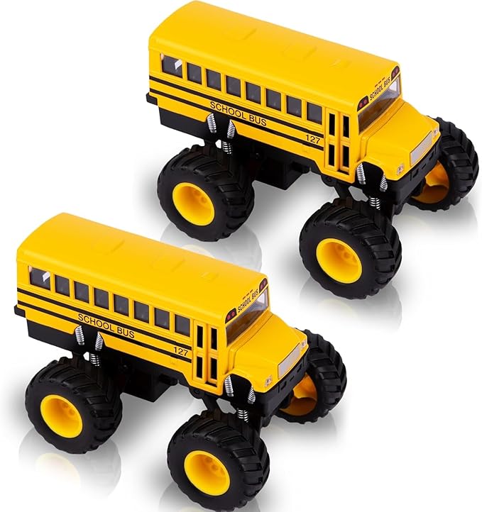 ArtCreativity 5 Inch Pull Back School Bus Toy Set - Set of 2 - Includes 5 Inch Monster-Wheel Bus, Diecast Bus Playset with Pull Back Mechanism, Great Gift Idea for Kids
