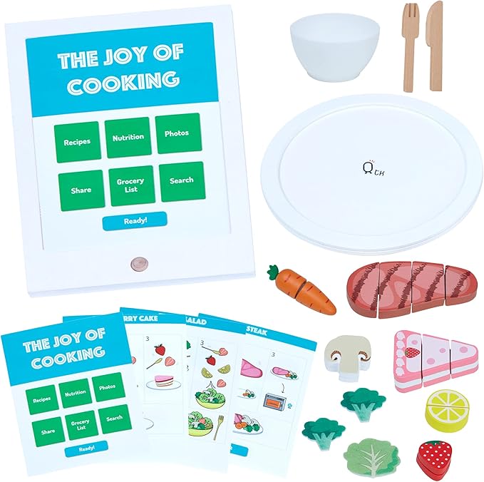 Teamson Kids Little Chef Frankfurt 27 Piece Play Kitchen Tablet with Recipes and Pretend Ingredients and Wooden Food Cutting Set, Multicolor/White , Green