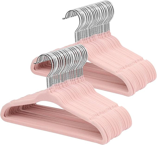 ManGotree 10.95" Baby Velvet Hangers, Non-Slip Infant Coat Hangers, Ultra-Thin Toddler Felt Hangers with 360° Swivel Hook, Space Saving Children's Hangers for Kids Clothes, 48 Pack (Pink)