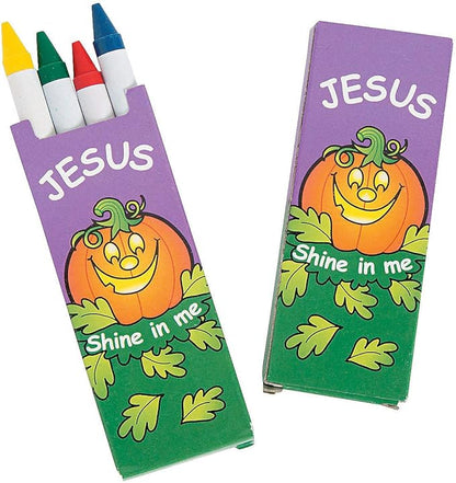 Fun Express - Christian Pumpkin 4 Pc Crayons for Halloween - Basic Supplies - Drawing - Crayons - Halloween - 24 Pieces