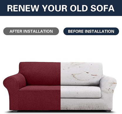 2025 New Stretch Oversized Sofa Slipcovers Couch Sofa Cover for 4 Seater Furniture Protector Covers with Elastic Bottom Jacquard Fabric Small Checks for Pets, Kids - Dark Red