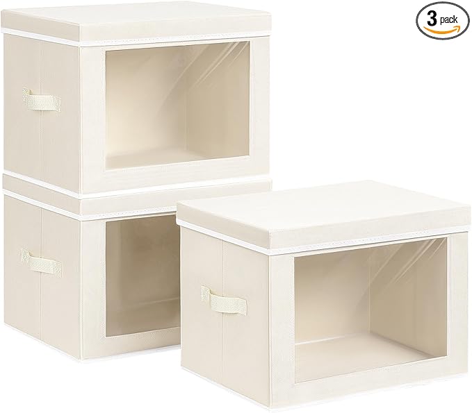 Homsorout Storage Bins with Lids, 3 Pack Large Storage Cubes with Window, Closet Bins with Lids & Handles, Fabric Box for Organizing Clothes, Towels, Books, Beige