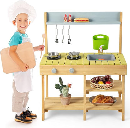 HONEY JOY Mud Kitchen, Fir Wooden Play Kitchen for Toddlers, Mud Table, Running Water, Removable Sink, Outdoor Kids Kitchen Playset, Mud Kitchen for Kids Outdoor, Gift for Boys Girls