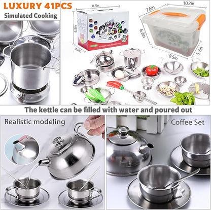 Mini Size Kids Kitchen Pretend Play Toys Accessories with Stainless Steel Cookware Pots and Pans Set,Classic Kitchen Accessories Cooking Utensils Set Tiny Role Play Cooking Play Toy for Kids Toddlers