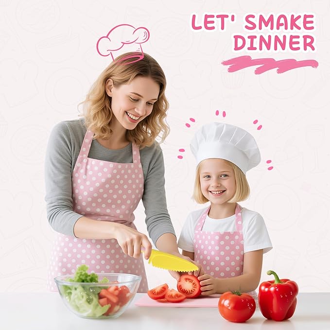 Kids Kitchen Knife Set for Real Cooking with Storage Box Pink, Montessori Kitchen Toy with Cutting Board, Plastic Toddler Knives, Peeler, Wooden Safe Knife for Age 3 4 5 6 7 8