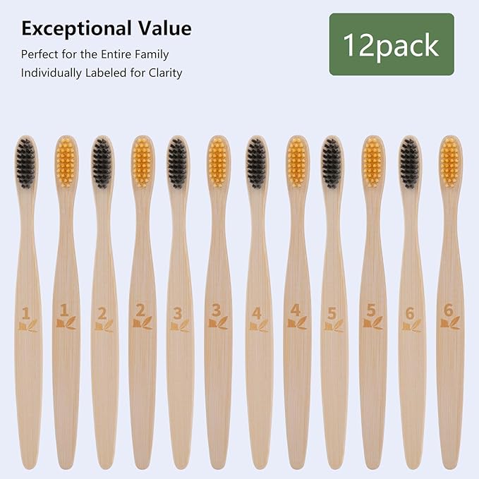 GENKENT 12 Counts Bamboo Toothbrushes BPA Free Soft Bristles Travel Toothbrush Natural Charcoal Toothbrush