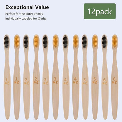 GENKENT 12 Counts Bamboo Toothbrushes BPA Free Soft Bristles Travel Toothbrush Natural Charcoal Toothbrush