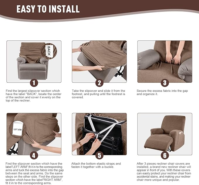 KinCam Recliner Covers, Stretch Reclining Chair Covers, Recliner Sofa Slipcovers Stripe Jacquard Recliner Couch Covers Furniture Protector Covers for Pet Kid (1 Seater, Light Coffee)