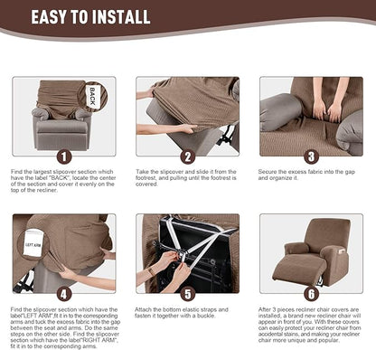 KinCam Recliner Covers, Stretch Reclining Chair Covers, Recliner Sofa Slipcovers Stripe Jacquard Recliner Couch Covers Furniture Protector Covers for Pet Kid (1 Seater, Light Coffee)