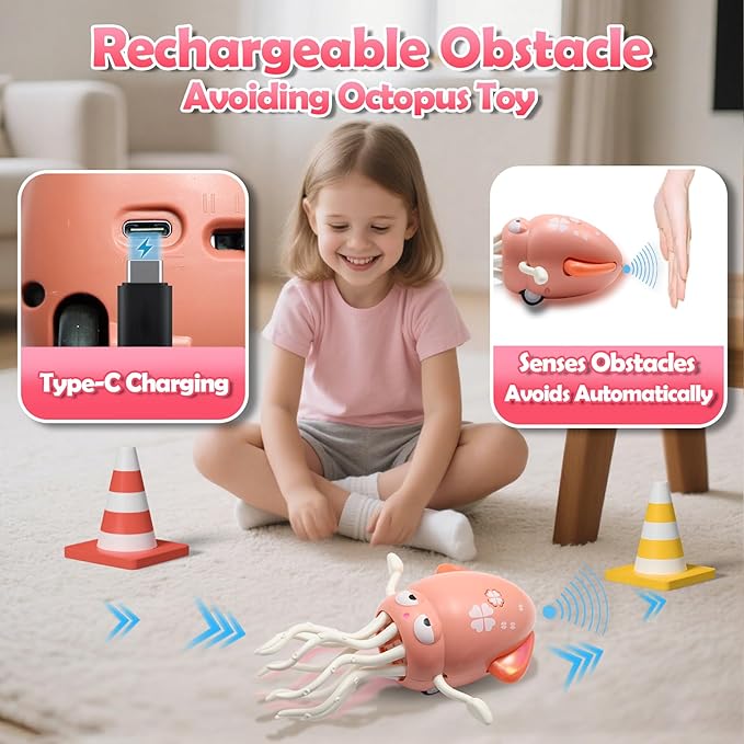 Pbooo Magic Dancing Octopus Toy, Electric Crawling with LED Lights and Music, Rechargeable Music Squid Baby Toy for 3-6 Year Olds, Tummy Time and Toddler Walking Toy, Birthday Gift, Pink