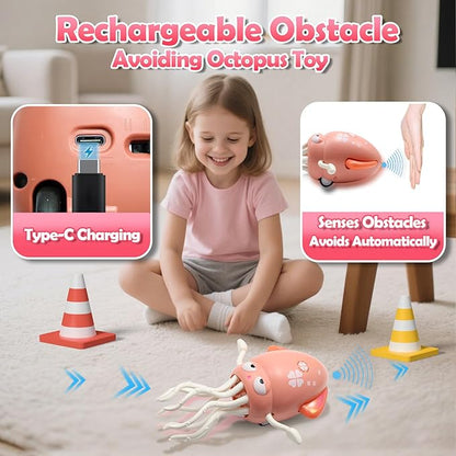 Pbooo Magic Dancing Octopus Toy, Electric Crawling with LED Lights and Music, Rechargeable Music Squid Baby Toy for 3-6 Year Olds, Tummy Time and Toddler Walking Toy, Birthday Gift, Pink