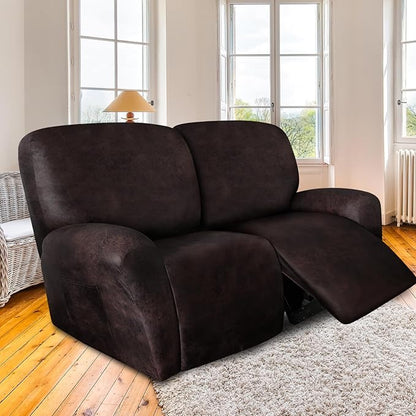 Loveseat Recliner Slipcover Large Size Oversized - 6 Pieces Stretch Leather Like Recliner Sofa Cover for 2 Seat Dual Reclining Loveseat Couch Furniture Protector (Chocolate)