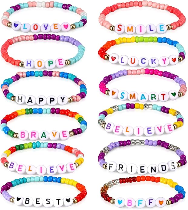 Bonuci 12 Pcs Kids Motivational Friendship Bracelets Letter Beads Bracelets for Girls Toddler Bracelets Gifts Bulk for Girls Kids