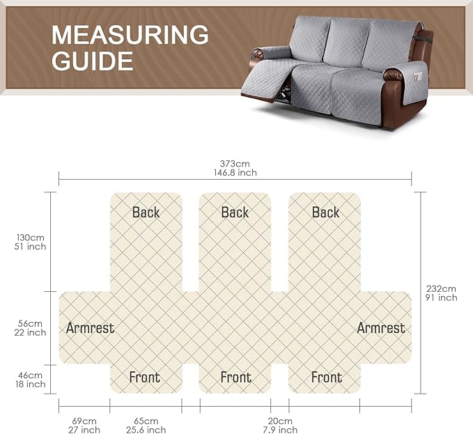 KinCam 100% Waterproof Recliner Sofa Covers, Non-Slip Reclining Couch Covers for 3 Seat, Recliner Couch Cover Furniture Protector with Elastic Straps for Pets, Kids, Light Gray