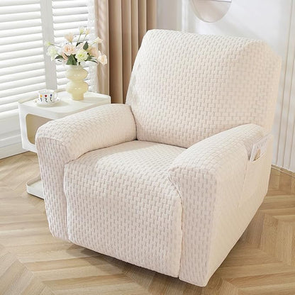 vctops 4 Pieces Jacquard Plush Recliner Slipcovers Stretch Soft Sofa Couch Cover Anti-Slip Solid Color Furniture Protector with Elastic Bottom for Kids Cats Dogs (Cream,1 Seat)