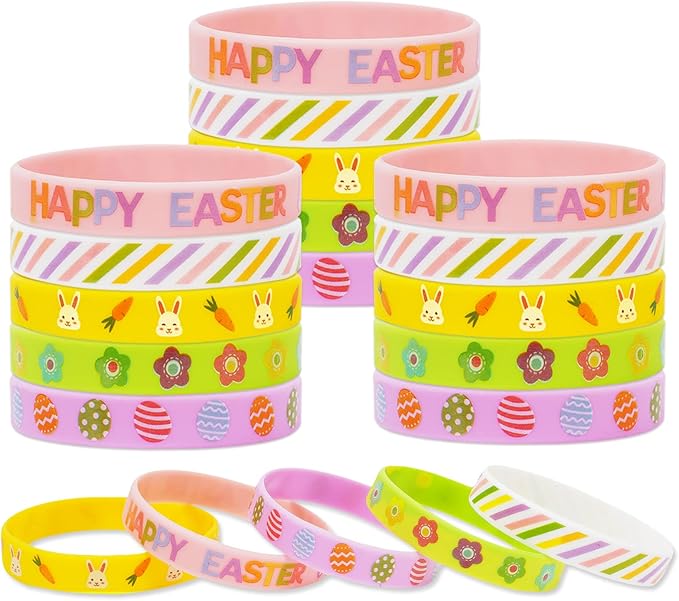 AnyDesign 35Pcs Easter Silicone Bracelets Easter Bunny Rabbit Egg Flower Carrot Rubber Wristband Pastel Spring Holiday Bracelet for Party Favor Supplies Goodie Bag Fillers