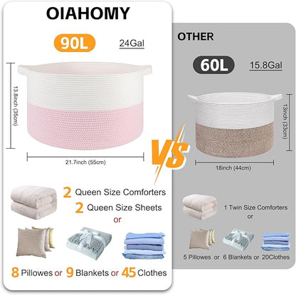 OIAHOMY 90L XXXLarge Blanket Basket for Living Room, 21.7" x 13.8" Woven Cotton Rope Laundry Basket for Organizing Pillows, Decorative Stuffed Animal Toy Storage Bin for Nursery, White and Pink