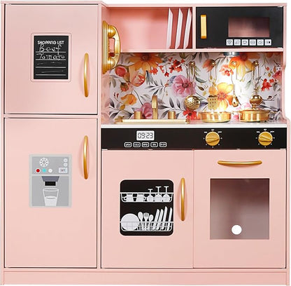 Wooden Play Kitchen Toy Set with Light, Kids Children Pretend Toy Kitchen Playset, Sink Play Toy Oven with Microwave,Toddler Cooking Set Toy for Ages 3+Baby Girls Boys (Pink)