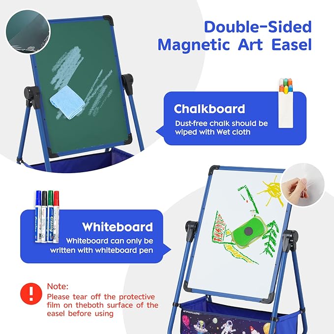 Kids Art Easel with 29.5inch-44inch Height Adjustable Whiteboard&Chalkboard Double Sided Easel 360°Rotating Standing Art Easel for Kids Blue