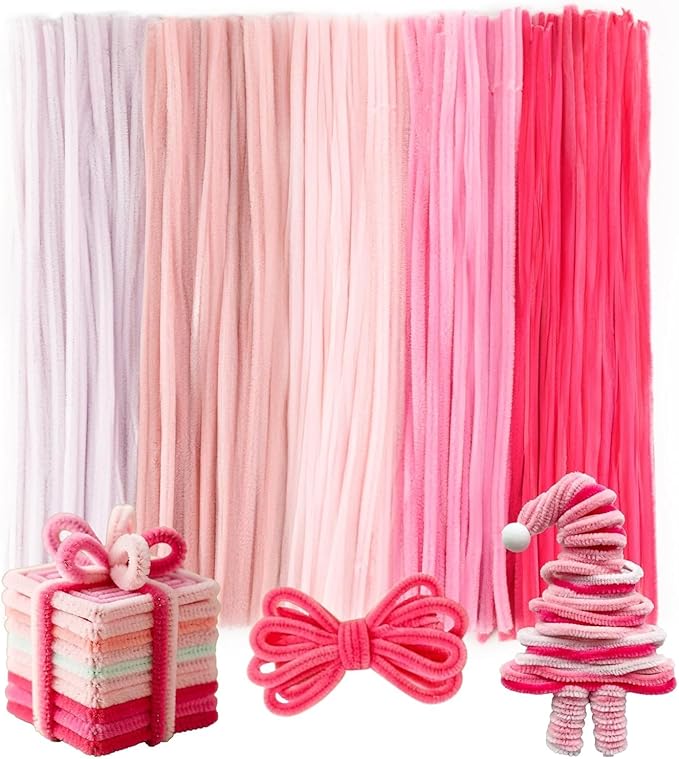 Caydo 200 Pieces Pink Pipe Cleaners for Easter Crafts and Decorations, Thickened Fluffy Chenille Stems Bulk for Kids Creative Arts & Craft Projects, Flowers Making