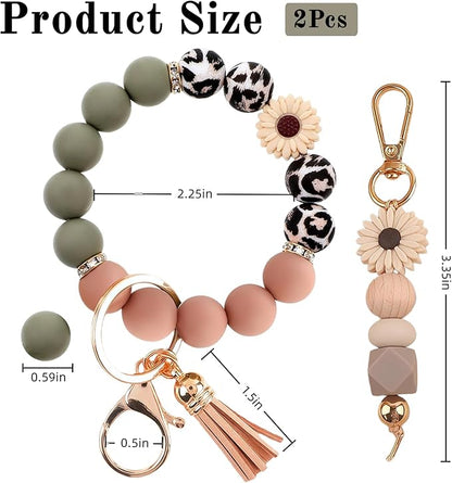 2PCS Bracelet Key Ring Set, Cute Car Key chain Wristlet, Silicone Beaded Bangle keyChains for Women Girls